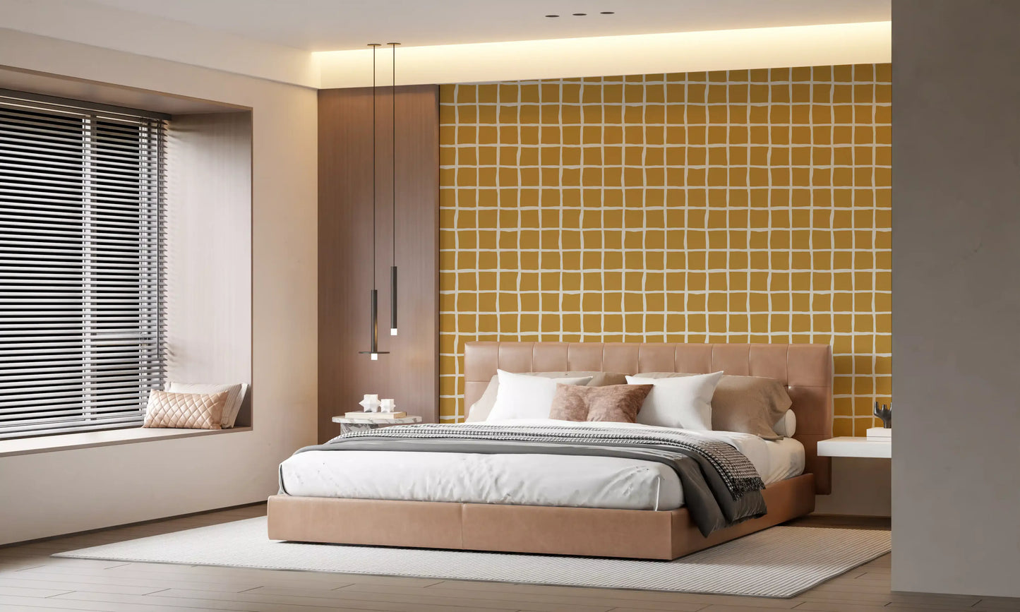 Yellow check fills a Bedroom through the Mid Century Wavy Grid wallpaper.