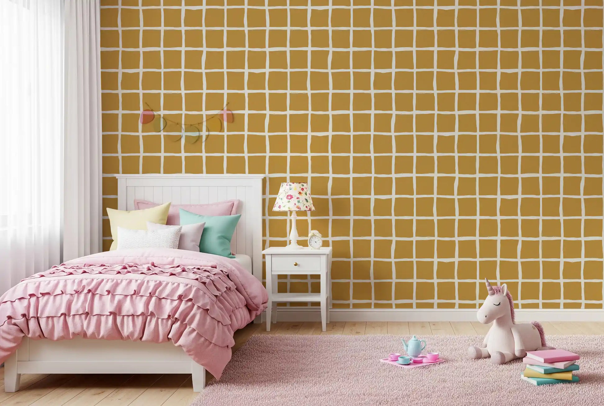 Brushy ivory marks balance a Kids bedroom area with the Mid Century Wavy Grid wallpaper.