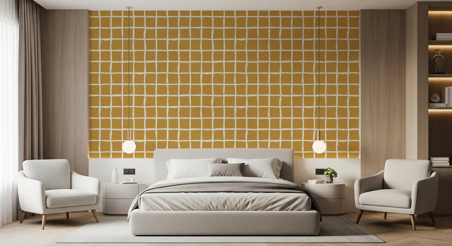 Uneven ivory lines weave between gold squares in the Mid Century Wavy Grid wallpaper.
