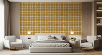 Uneven ivory lines weave between gold squares in the Mid Century Wavy Grid wallpaper.