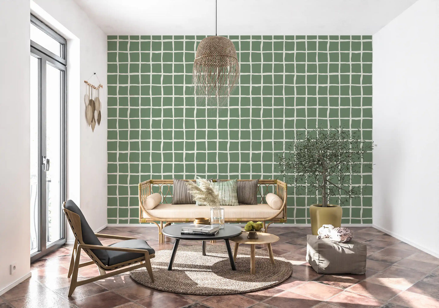 Loose drawn feel reads across cream lines framing each sage check on the wallpaper.