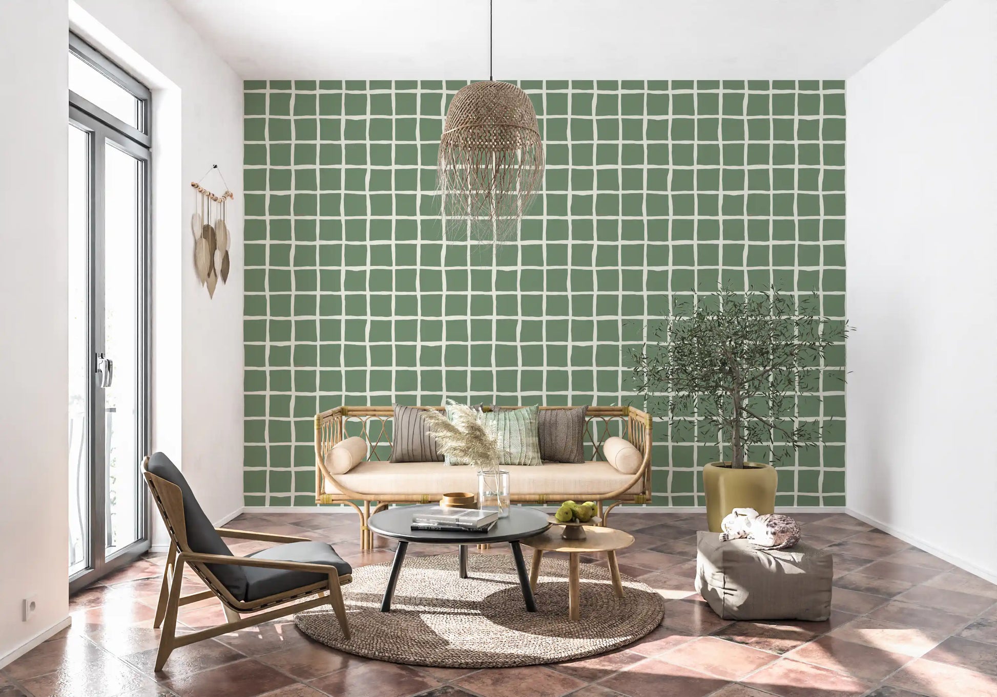 Loose drawn feel reads across cream lines framing each sage check on the wallpaper.