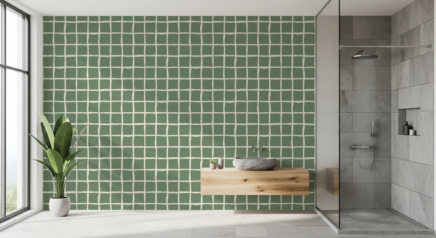 Mid Century Wavy Grid Sage wallpaper sits behind a bathroom in handmade mood.