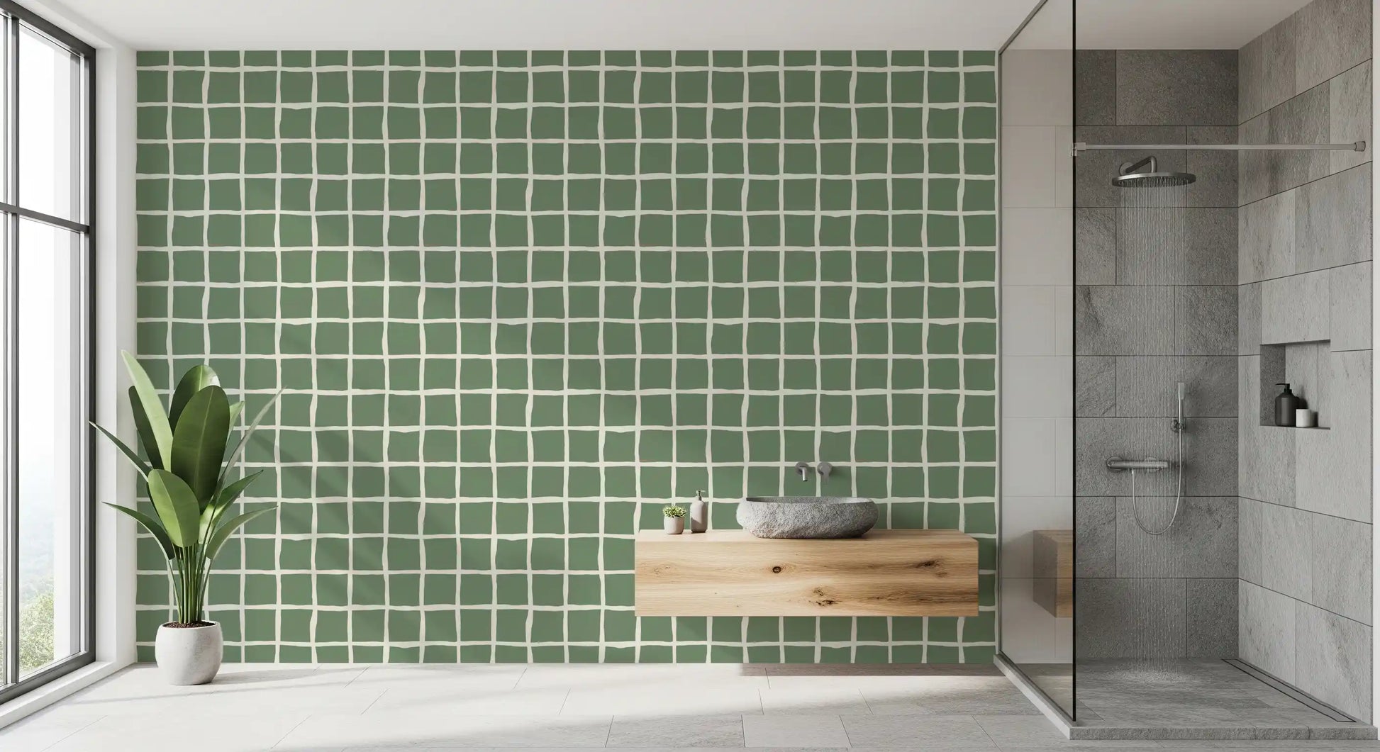 Mid Century Wavy Grid Sage wallpaper sits behind a bathroom in handmade mood.
