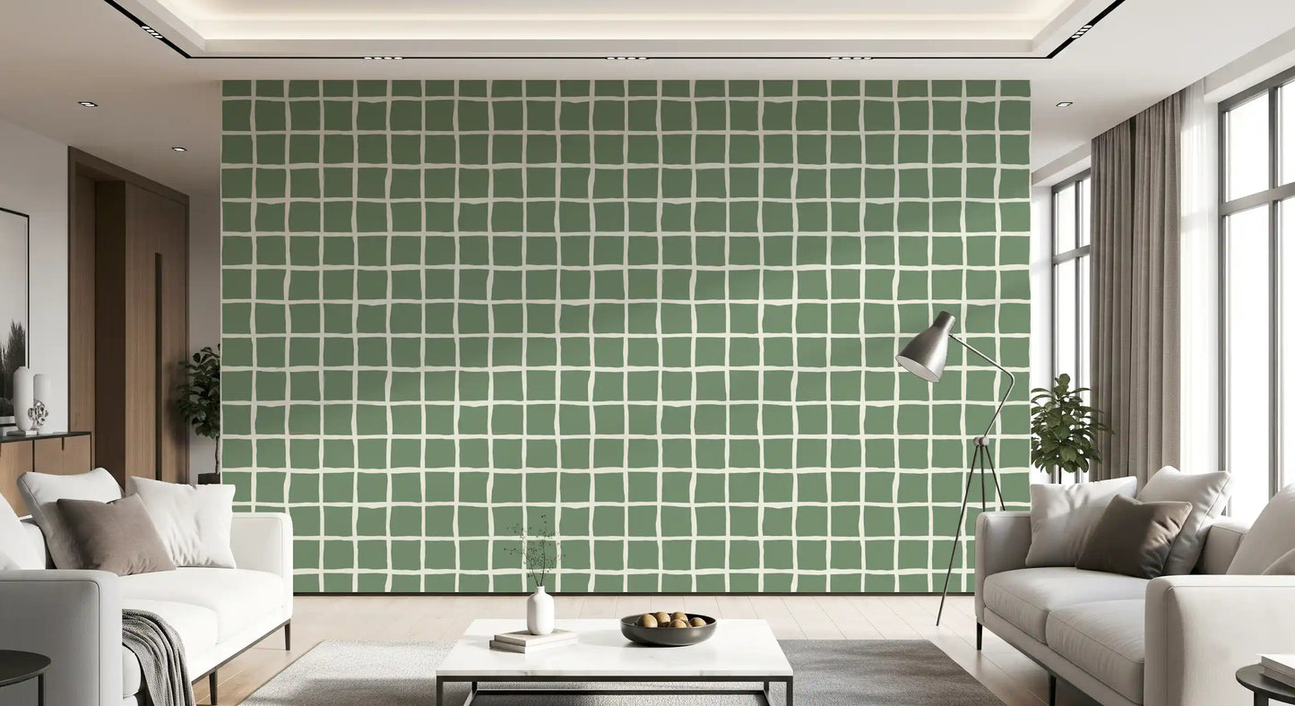 Imperfect check pattern fills the Wavy Grid Sage wallpaper with easy mid century mood.