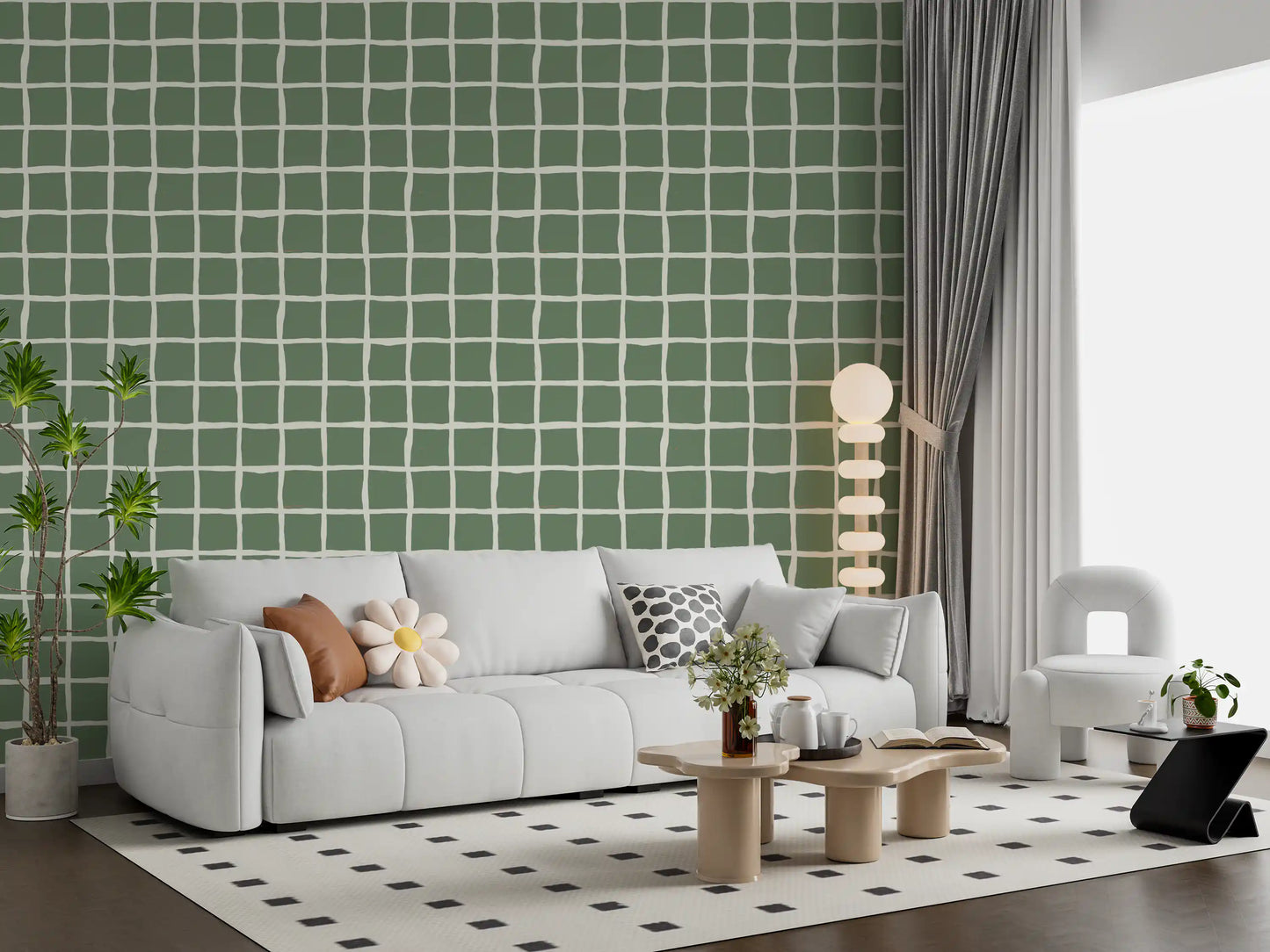 Wobbly cream lines hover over a living room thanks to Mid Century Wavy Grid wallpaper.