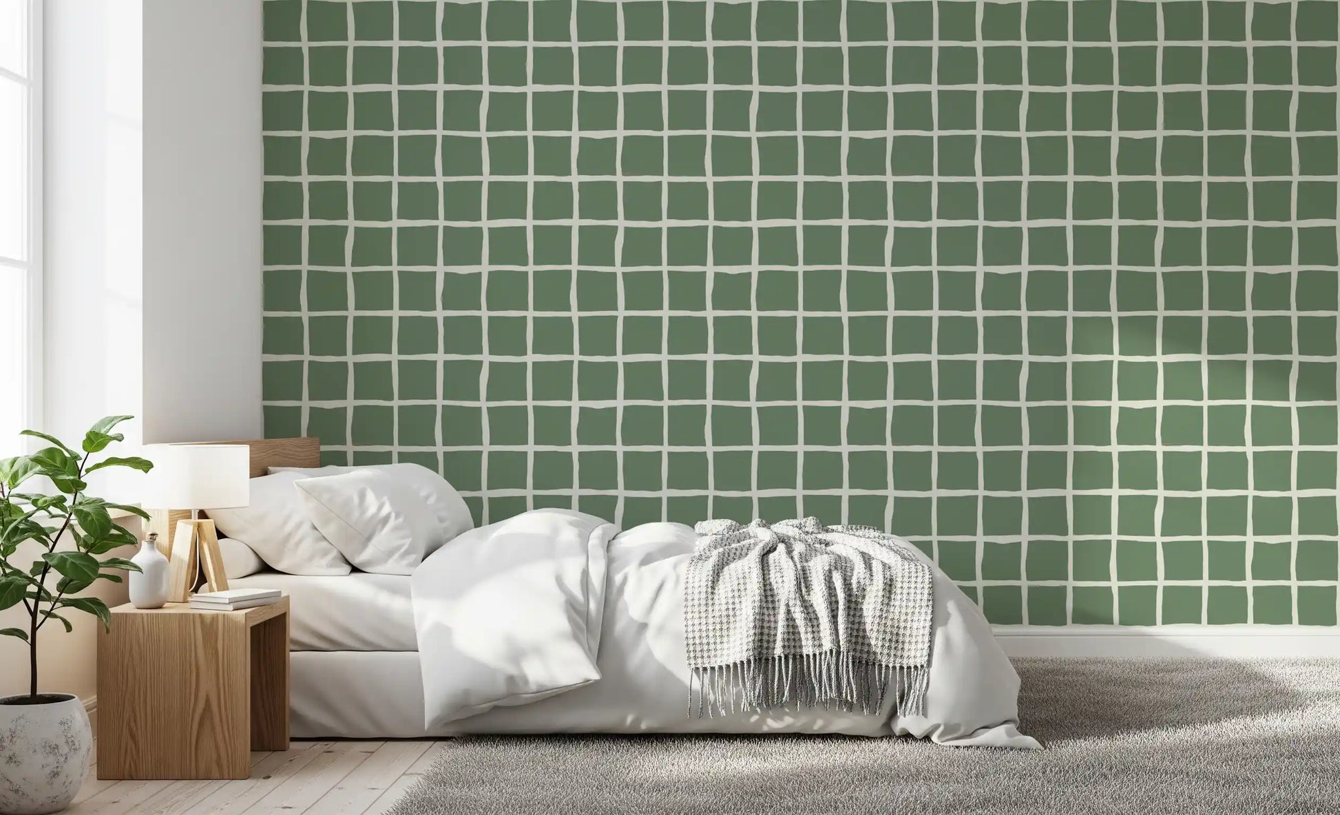 Bedroom area pairs with sage check squares on this Wavy Grid Sage wallpaper.