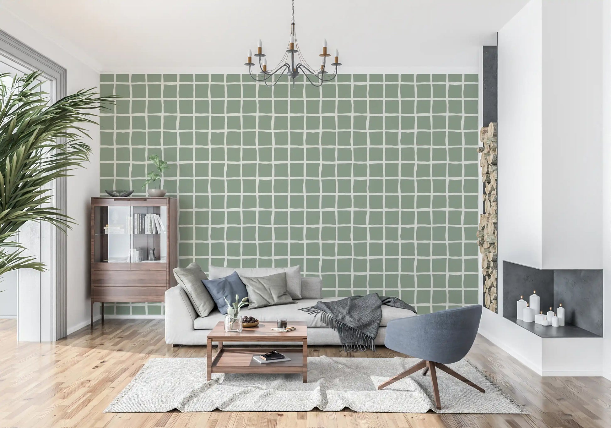 Cream wavy lines stretch through a hallway on the Mid Sage wallpaper layout.