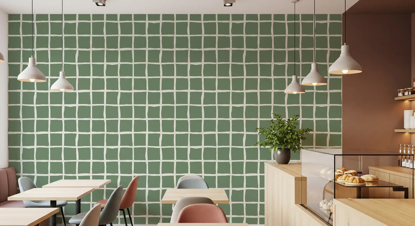 Firm sage squares balance loose cream lines on this Mid Century Wavy Grid Sage wallpaper