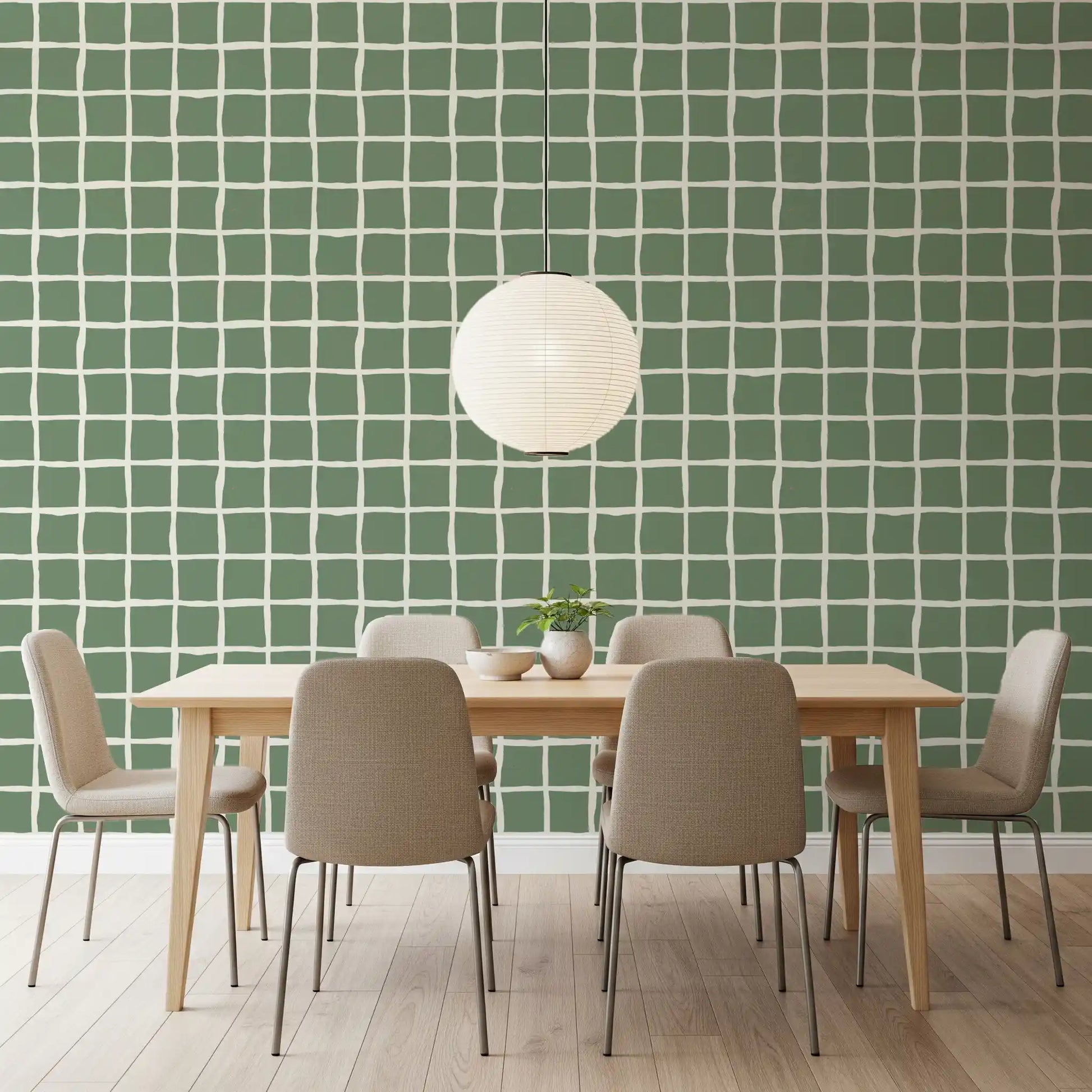 Green check squares sit inside a wobbly cream lattice on this Wavy Grid Sage wallpaper.