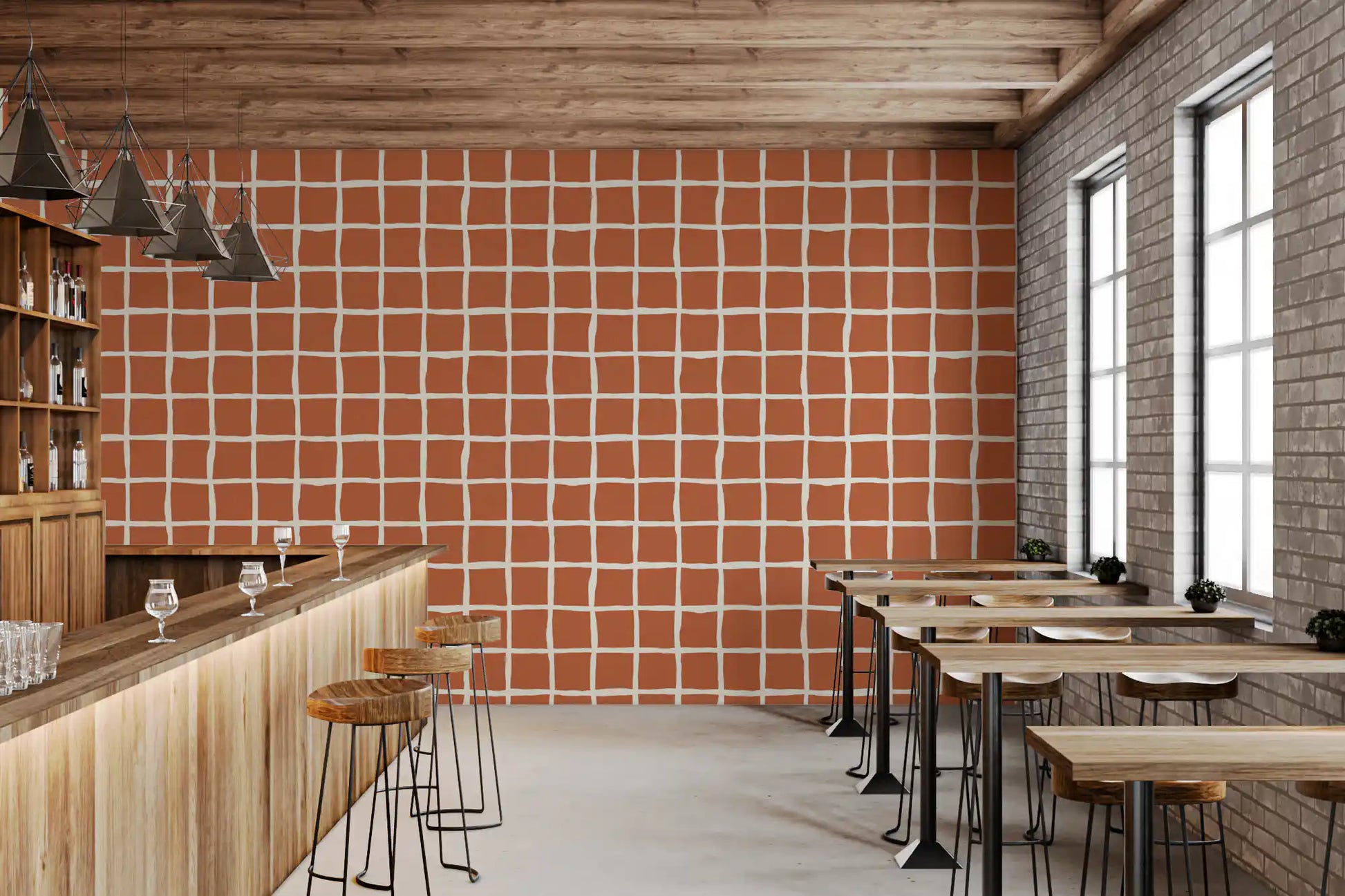 Clay-orange checks back café wallpaper from the Mid Century Wavy Grid set.