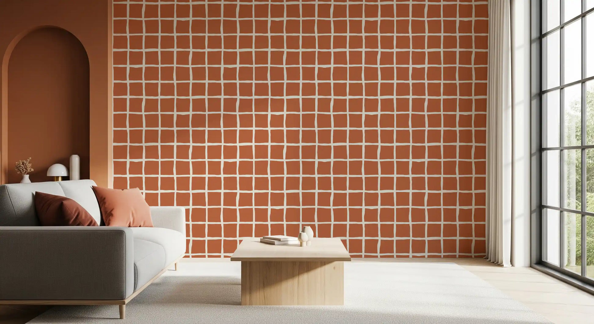 Mid Century Wavy Grid Terracotta wallpaper with uneven cream lines and clay squares.