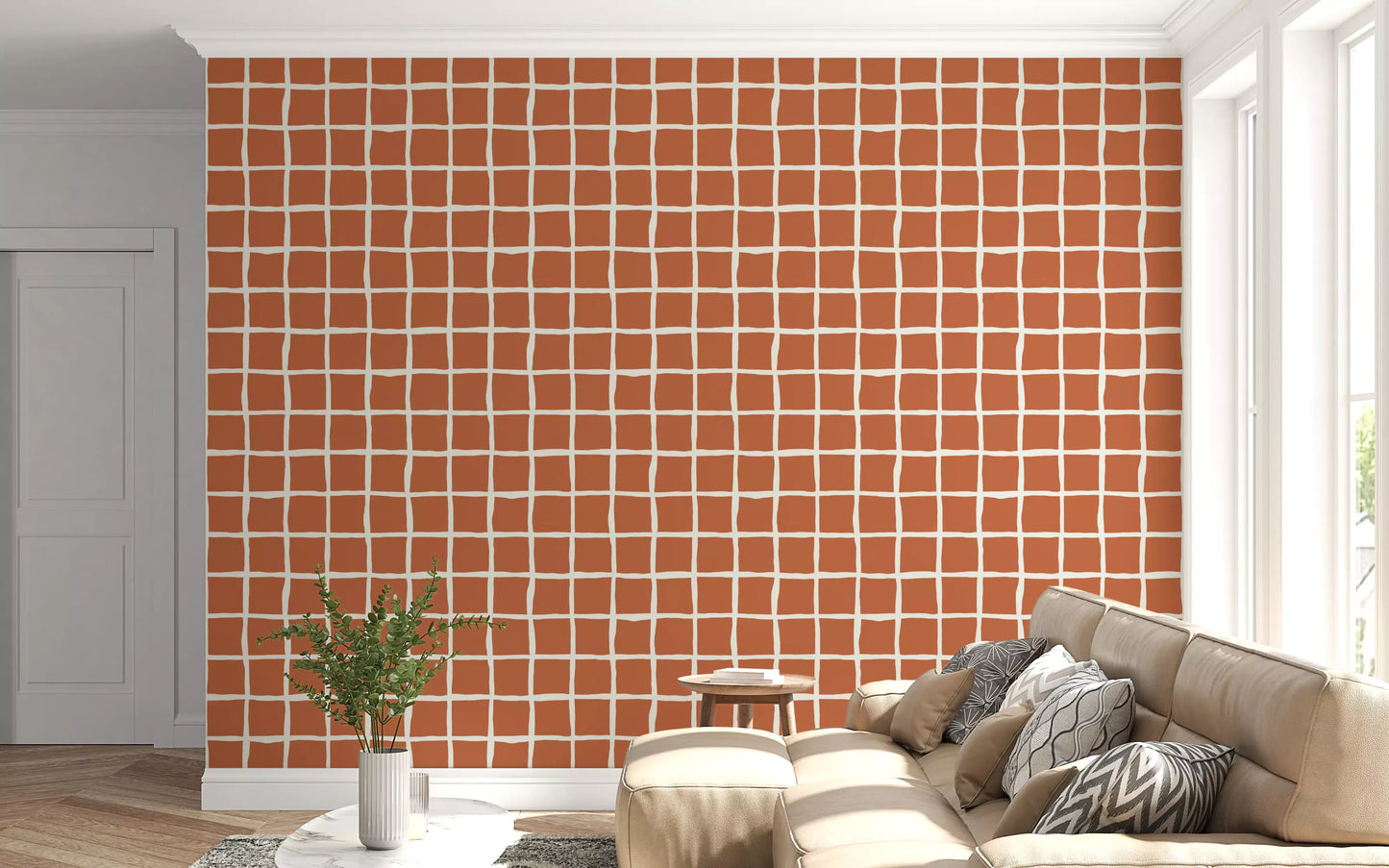 Wobbly cream channels deep terracotta on a Mid Century Wavy Grid wallpaper.
