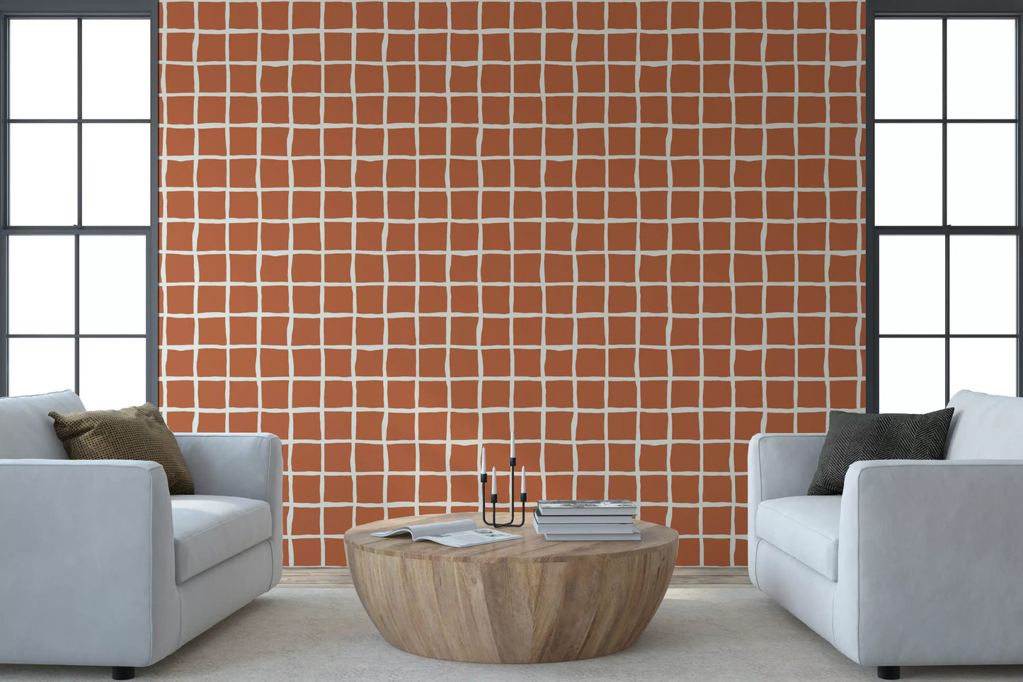 Tile-like terracotta squares stretch behind a Living area wallpaper with cream waving lines.