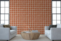 Tile-like terracotta squares stretch behind a Living area wallpaper with cream waving lines.
