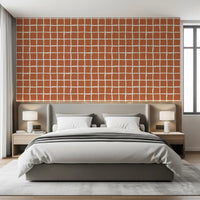 Imperfect check lines wander across terracotta wallpaper with retro flair.