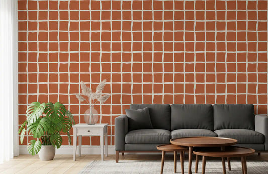 Mid Century Wavy Grid Terracotta Wallpaper Wallpaper⁠