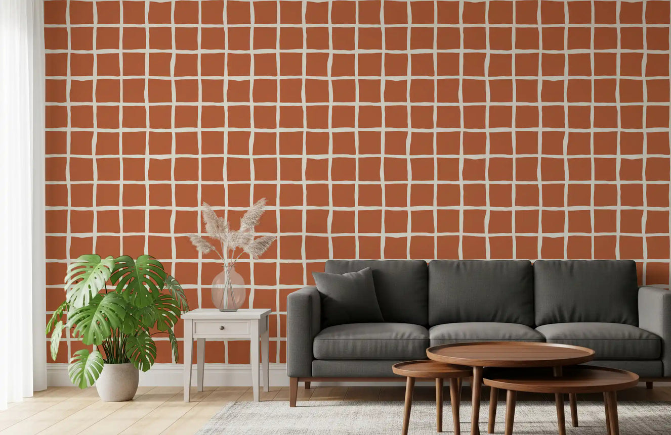 Mid Century Wavy Grid Terracotta Wallpaper Wallpaper⁠