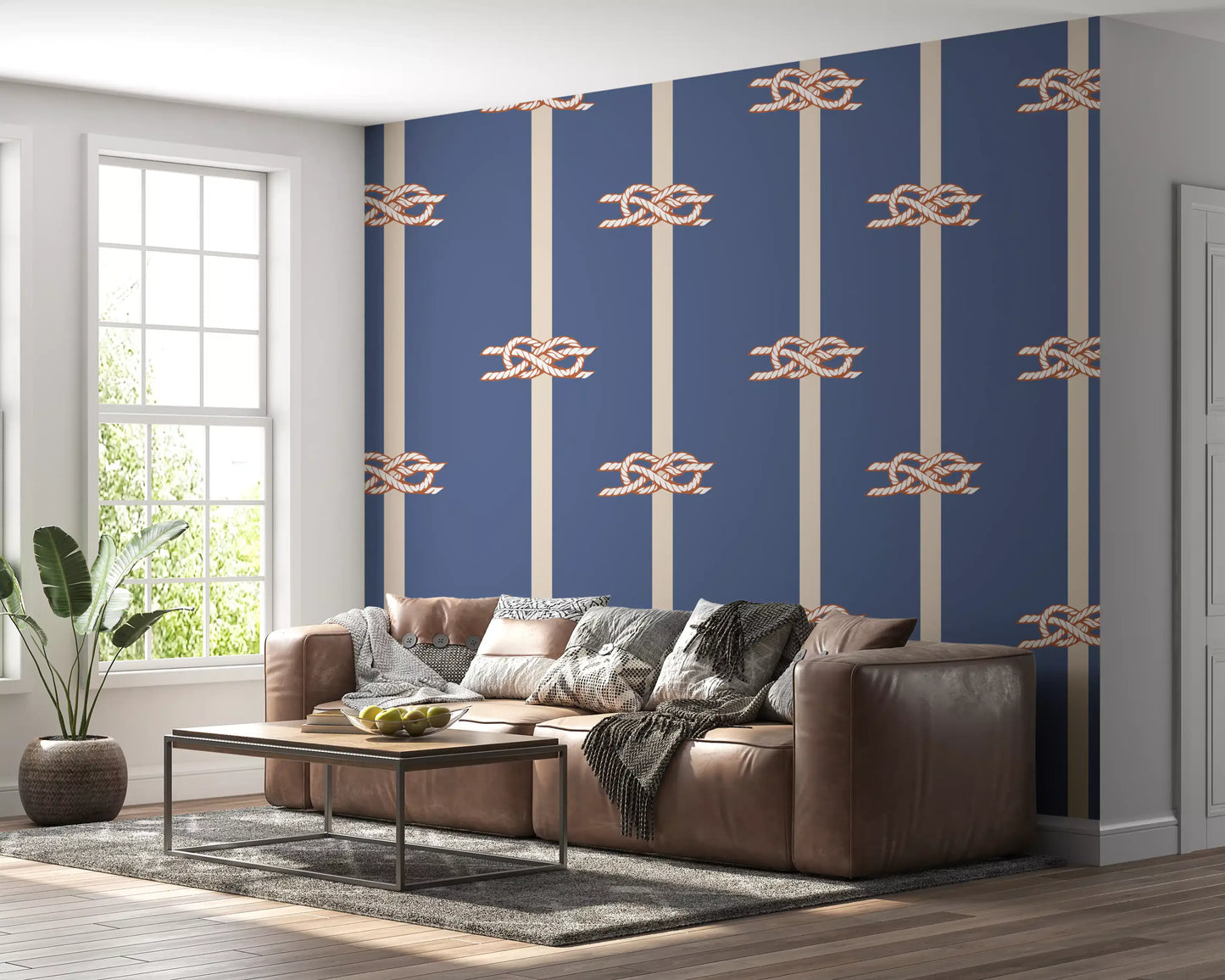 Cord knots and cream lines pair across the Rope Stripe wallpaper in dusty blue tones
