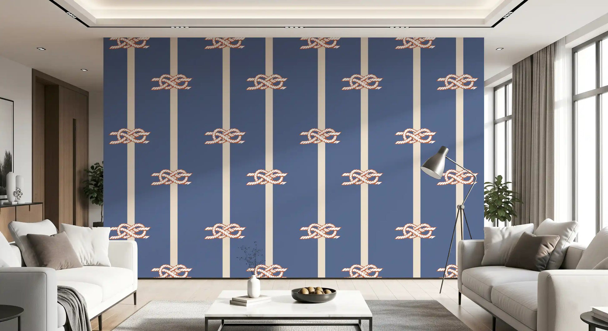 A maritime mood pulls a hallway forward with the Nautical Rope Stripe wallpaper.