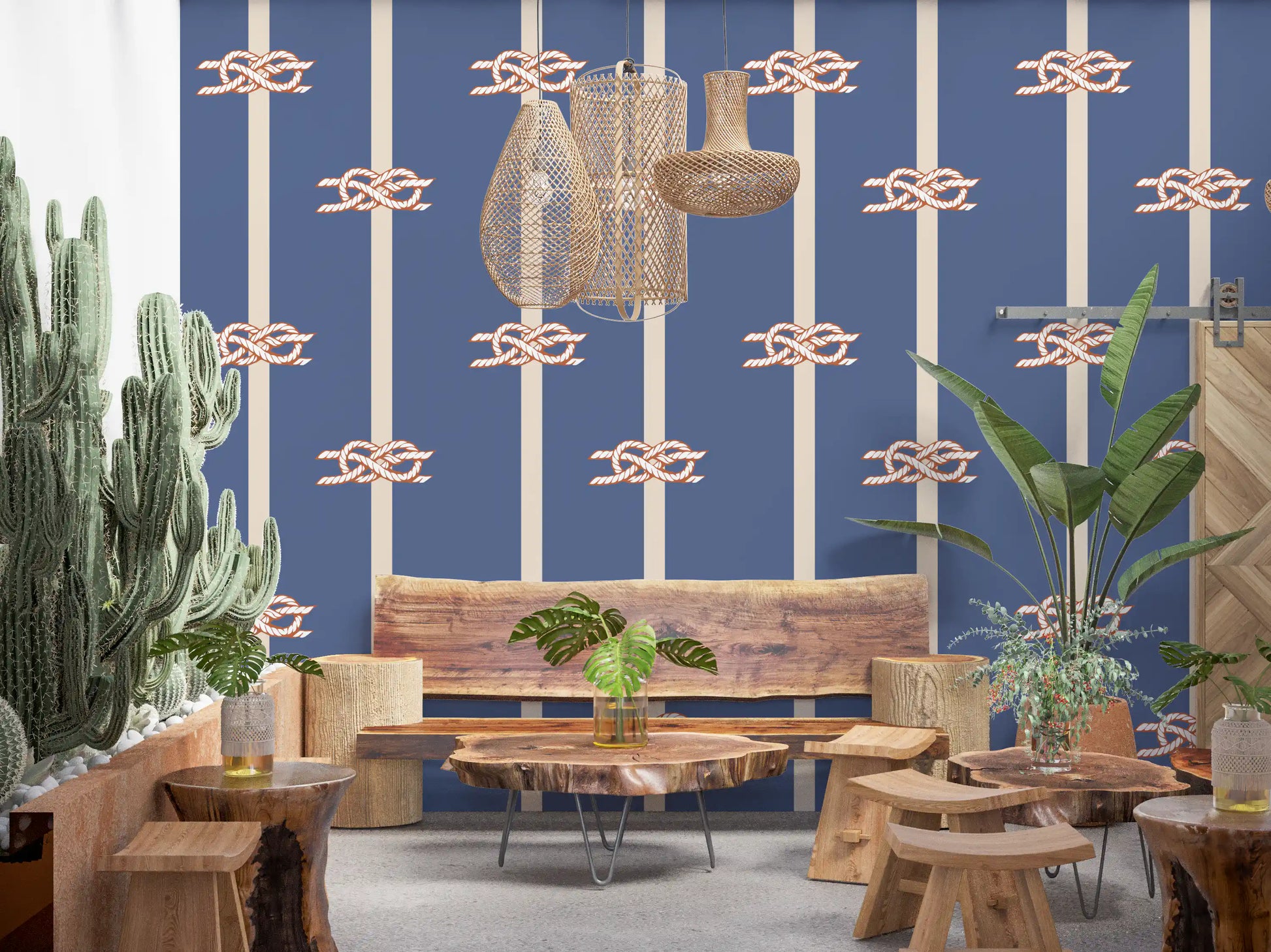 Knot motifs trail along a Dining area wrapped in the Rope Stripe wallpaper.