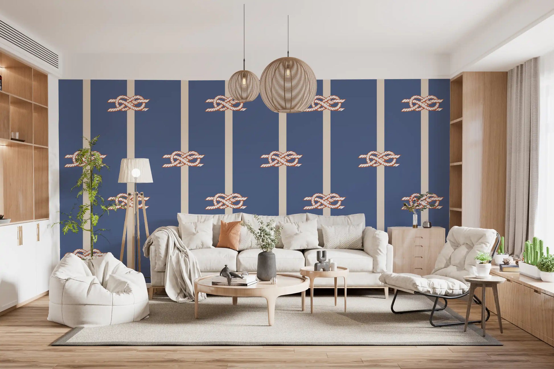 Up the full drop, the Stripe wallpaper lines a Living room in cream and rust marks.