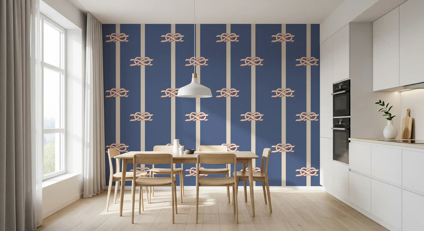 Sailor-knot motifs show clearly on the Rope Stripe wallpaper in cream and dusty blue.