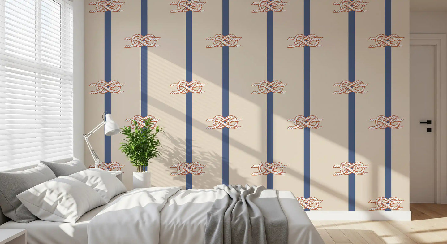 Tall stripes and knots in a Bedroom with the Nautical Rope Stripe Beige Navy wallpaper