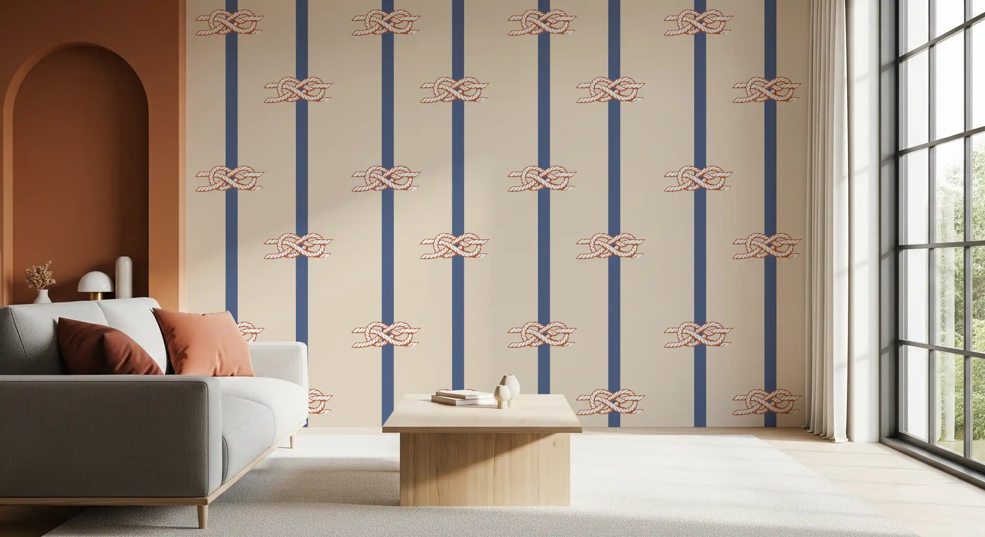 Marine knot pattern on the Beige Navy wallpaper with deep blue vertical bands