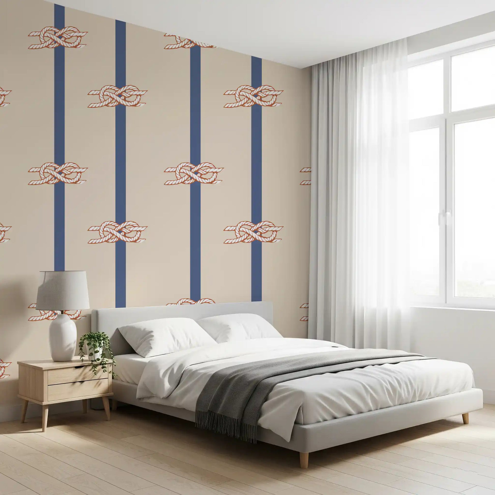 Knot motifs flow between vertical bands on a Beige Navy wallpaper in a Bedroom 