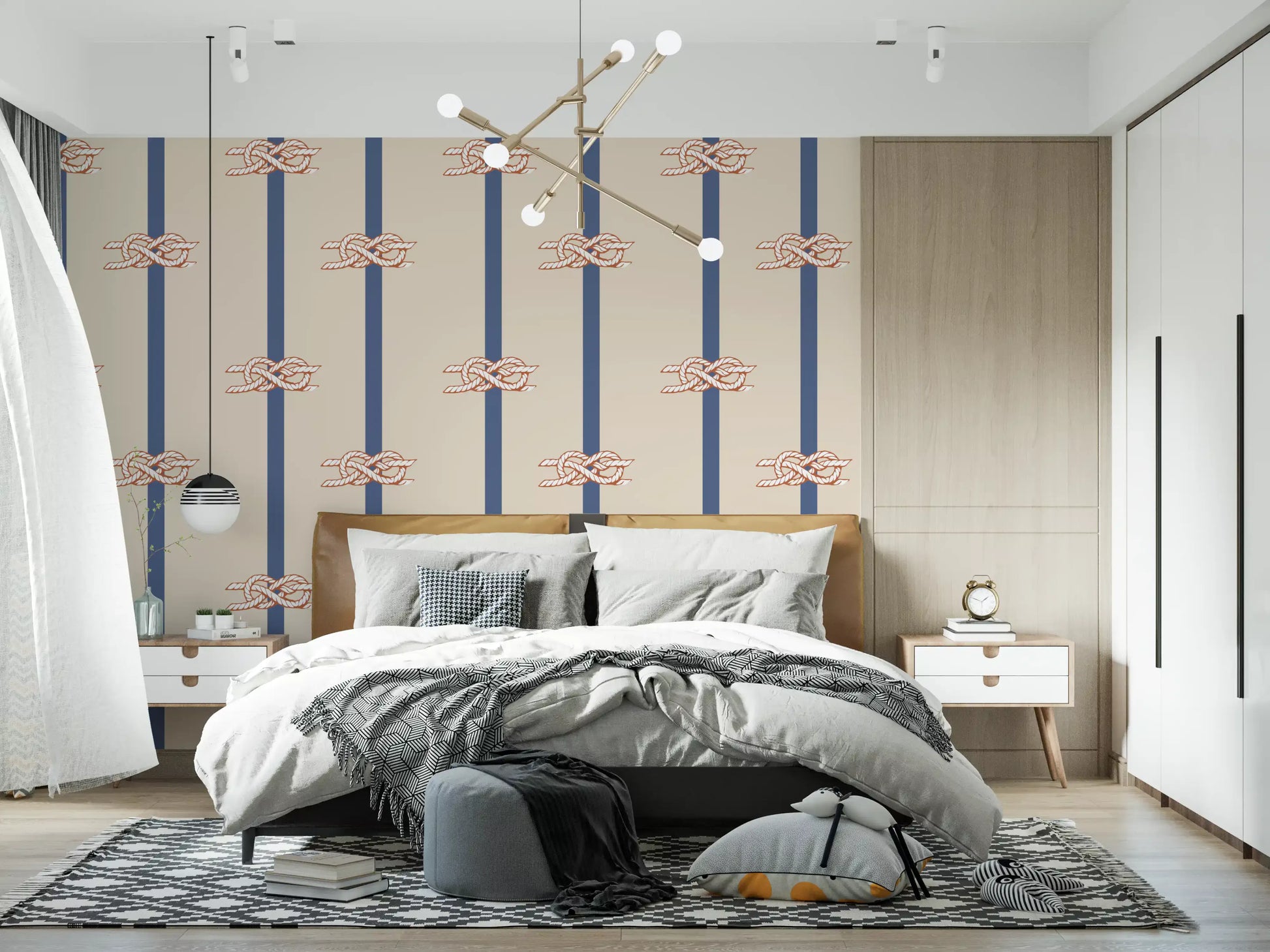 Cord knots and indigo bands wrap a Rope Stripe wallpaper across a Bedroom 