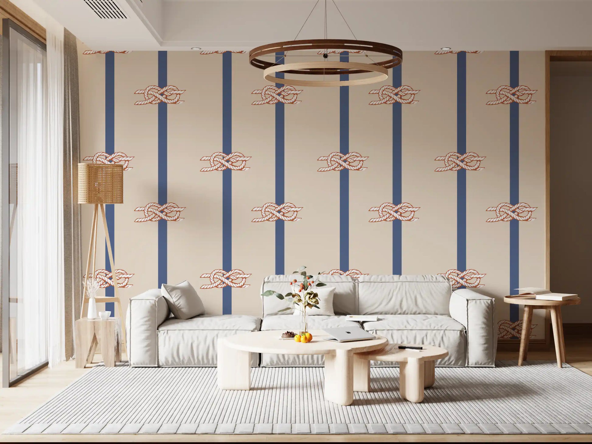 Cream and indigo fill a Living room area with the Rope Stripe wallpaper