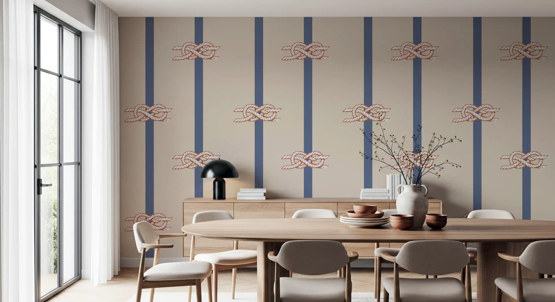 Bands and knots line a dining room with the Nautical Rope Stripe Beige Navy wallpaper
