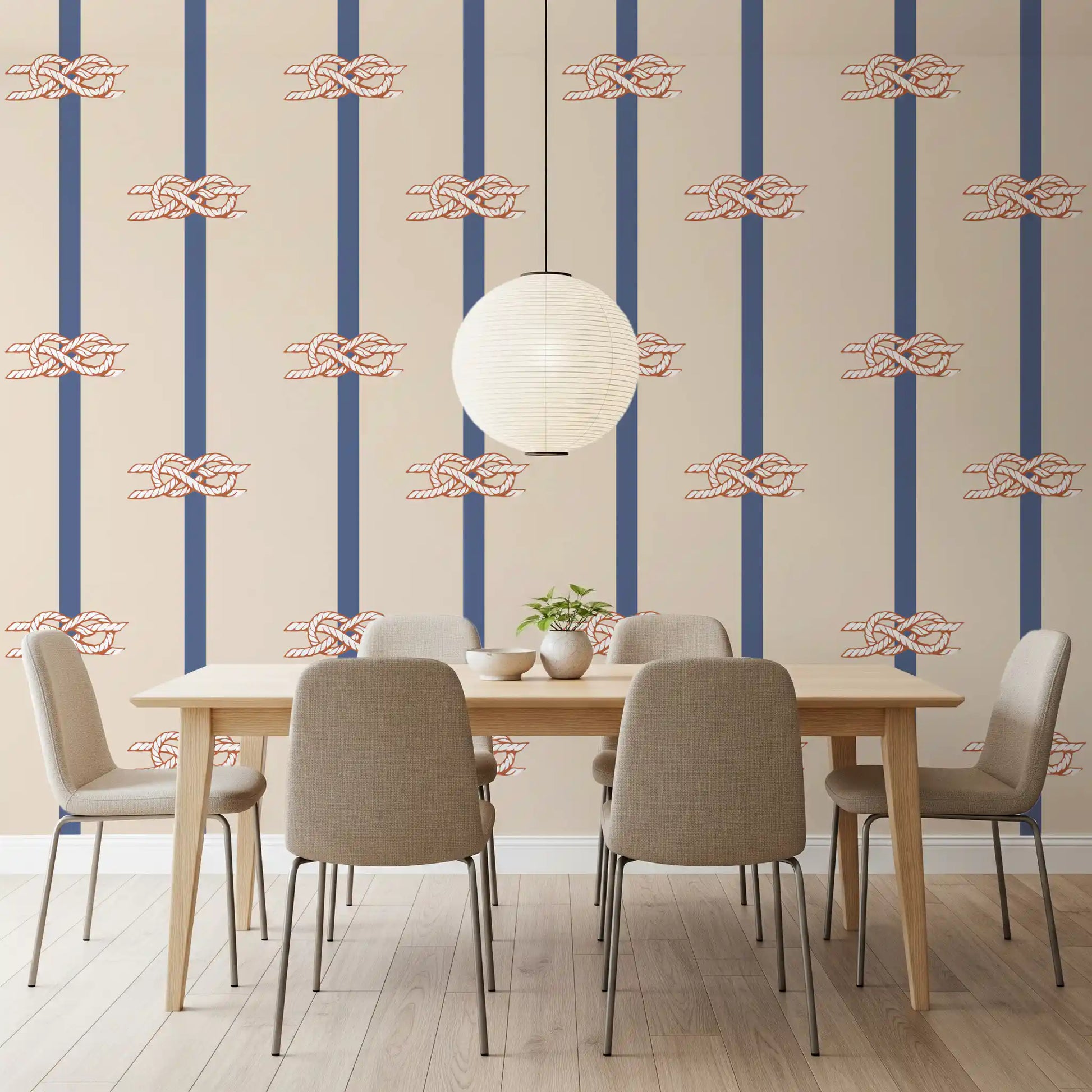 Ivory shapes with rust outlines accent the Nautical Rope Stripe Beige Navy wallpaper