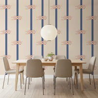 Ivory shapes with rust outlines accent the Nautical Rope Stripe Beige Navy wallpaper