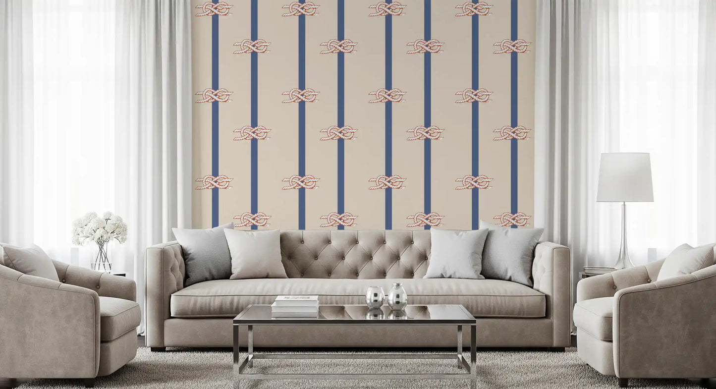 Rope knots highlighted by indigo bands on the Nautical Rope Stripe Beige Navy wallpaper