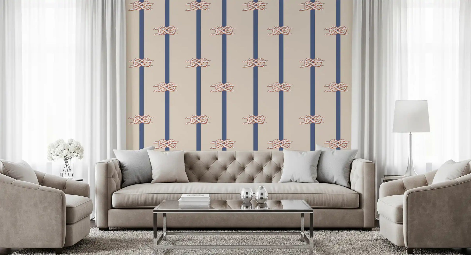 Rope knots highlighted by indigo bands on the Nautical Rope Stripe Beige Navy wallpaper