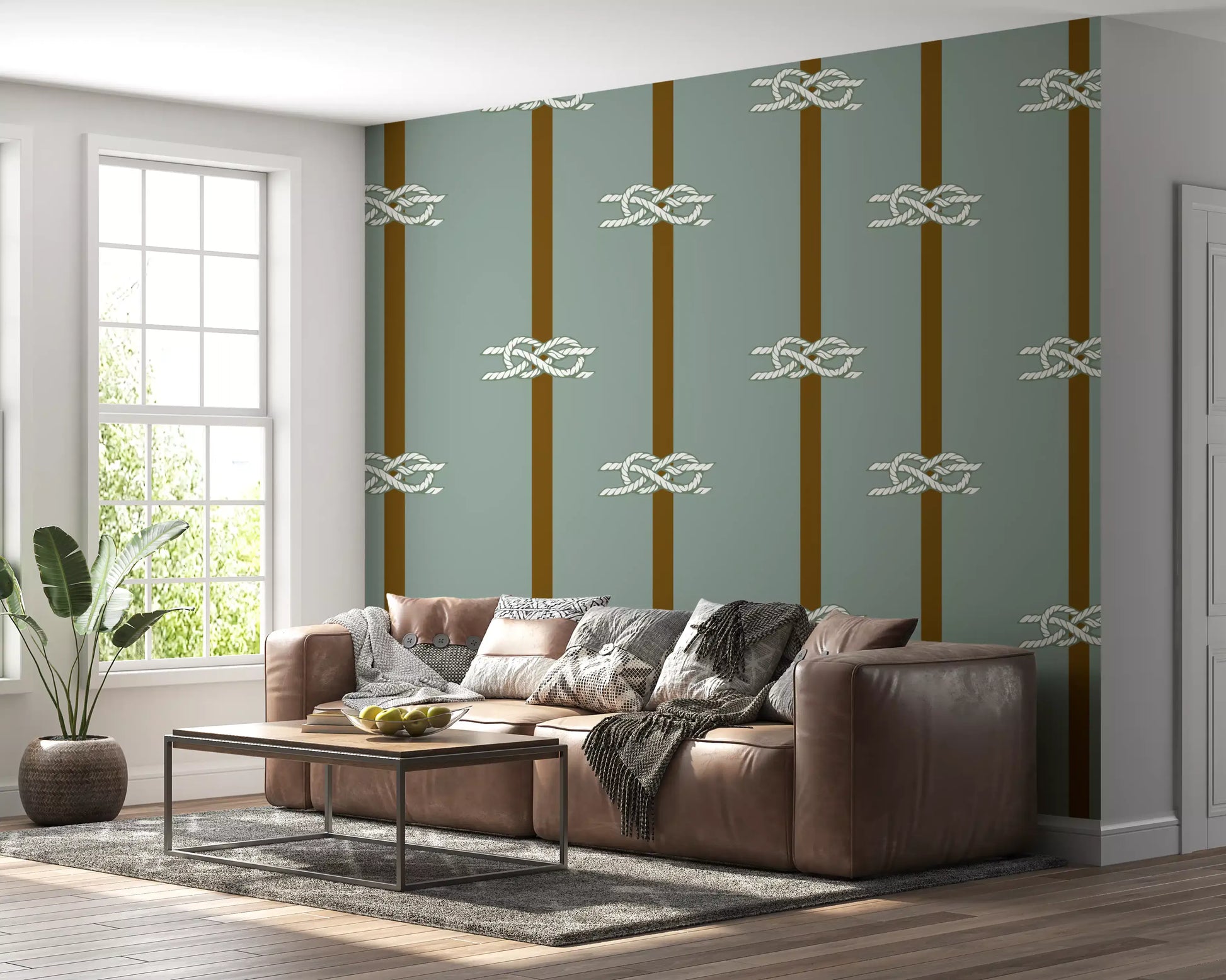 Knot pairs add quiet rhythm to a Living room with Sage Green Rope Stripe wallpaper.