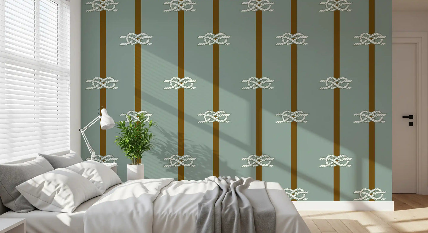 Maritime knot pattern in white sits between earthy brown stripes on Sage Green wallpaper.