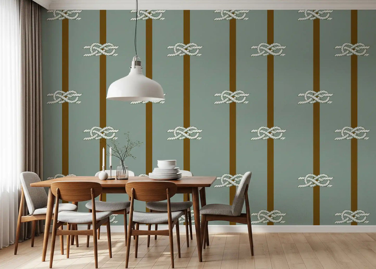 In a Dining room , sage tones and brown bands sit on Nautical Rope Stripe wallpaper.