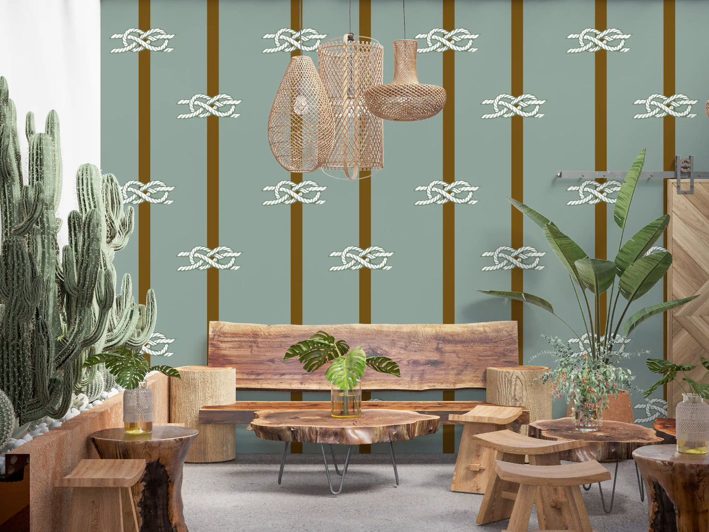 Twin brown bands pair with white knot motifs on Nautical Rope Stripe wallpaper.