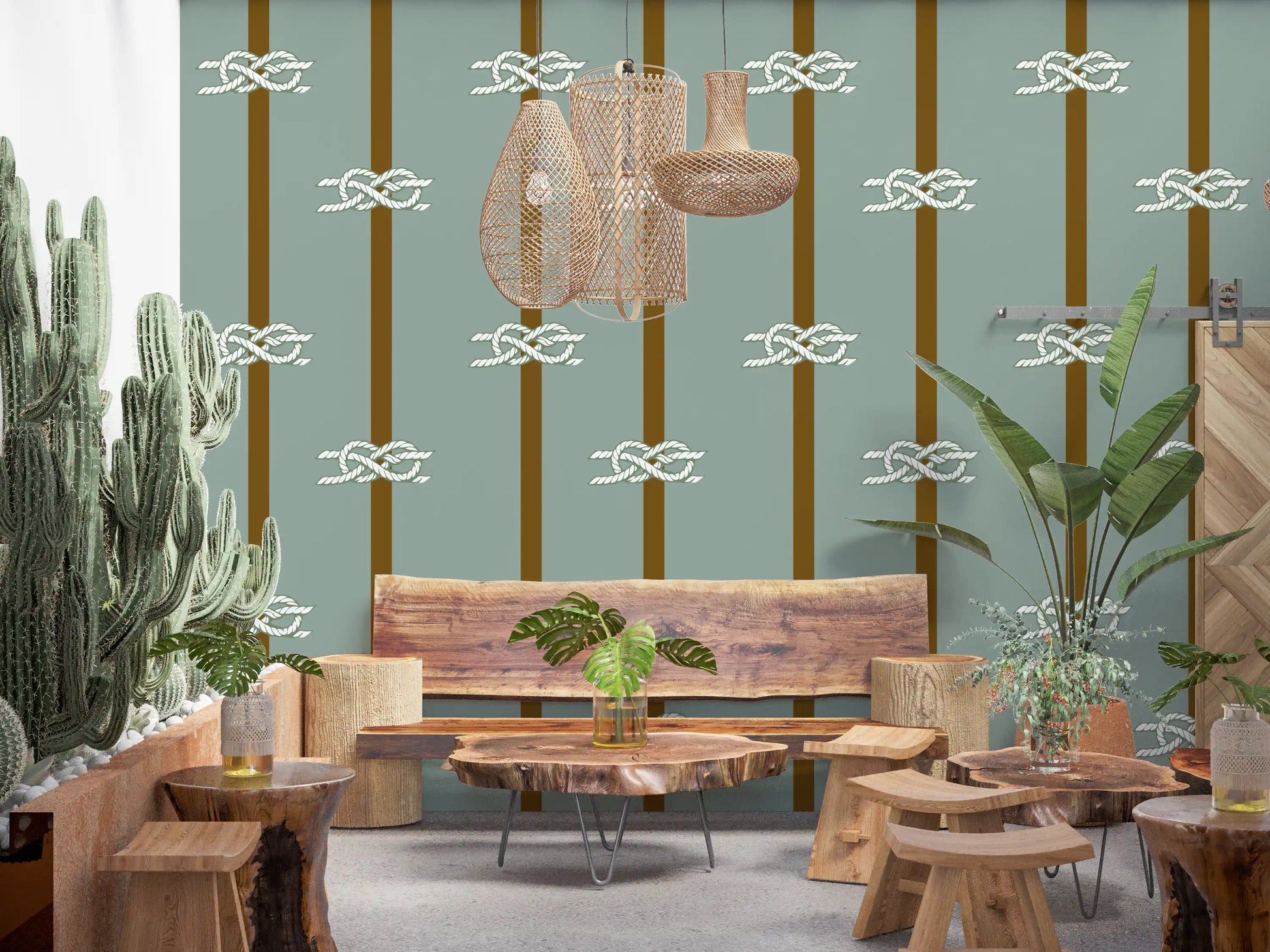 Twin brown bands pair with white knot motifs on Nautical Rope Stripe wallpaper.