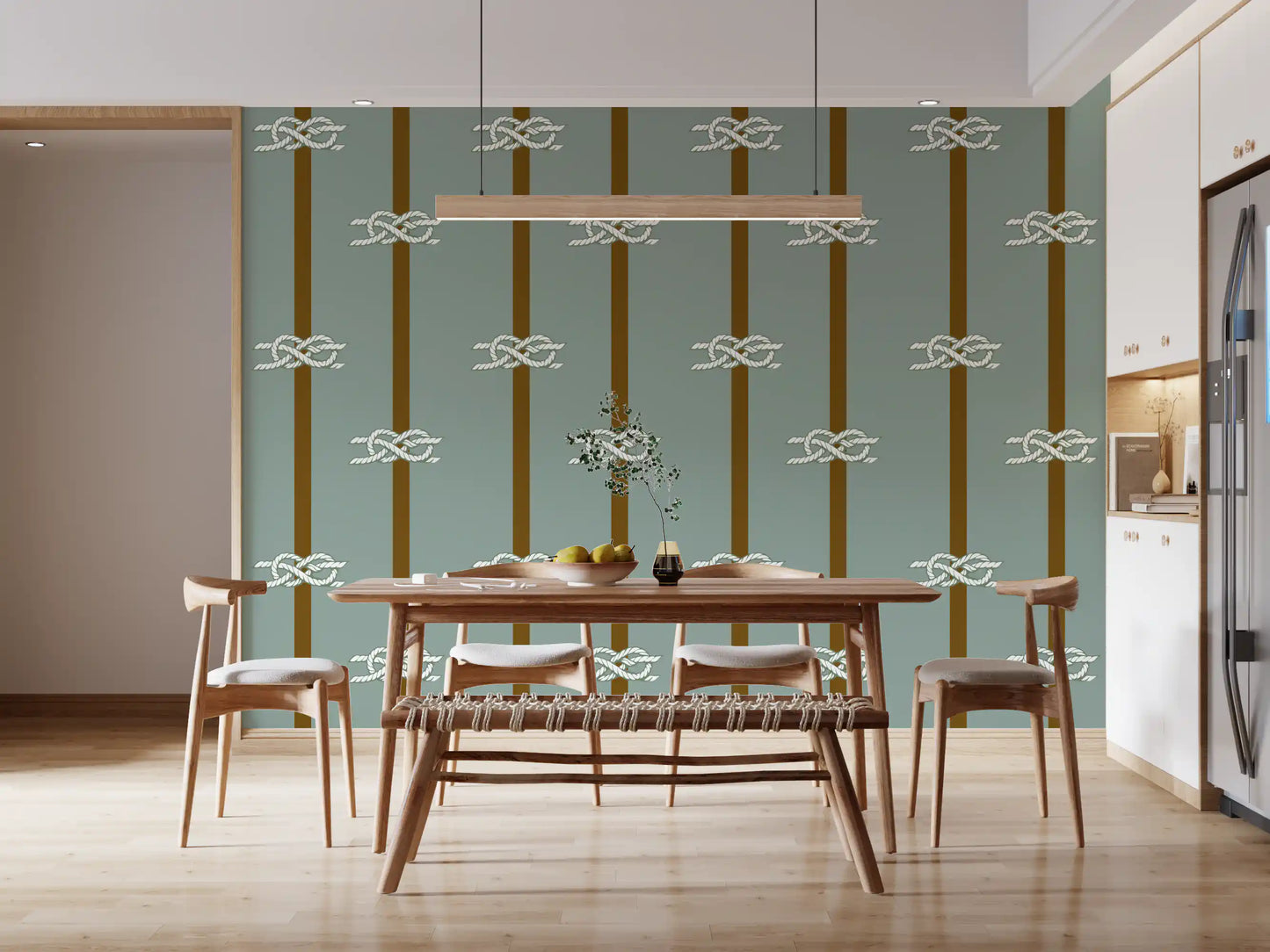 Dining room takes on coastal character with this Nautical Rope Stripe wallpaper.