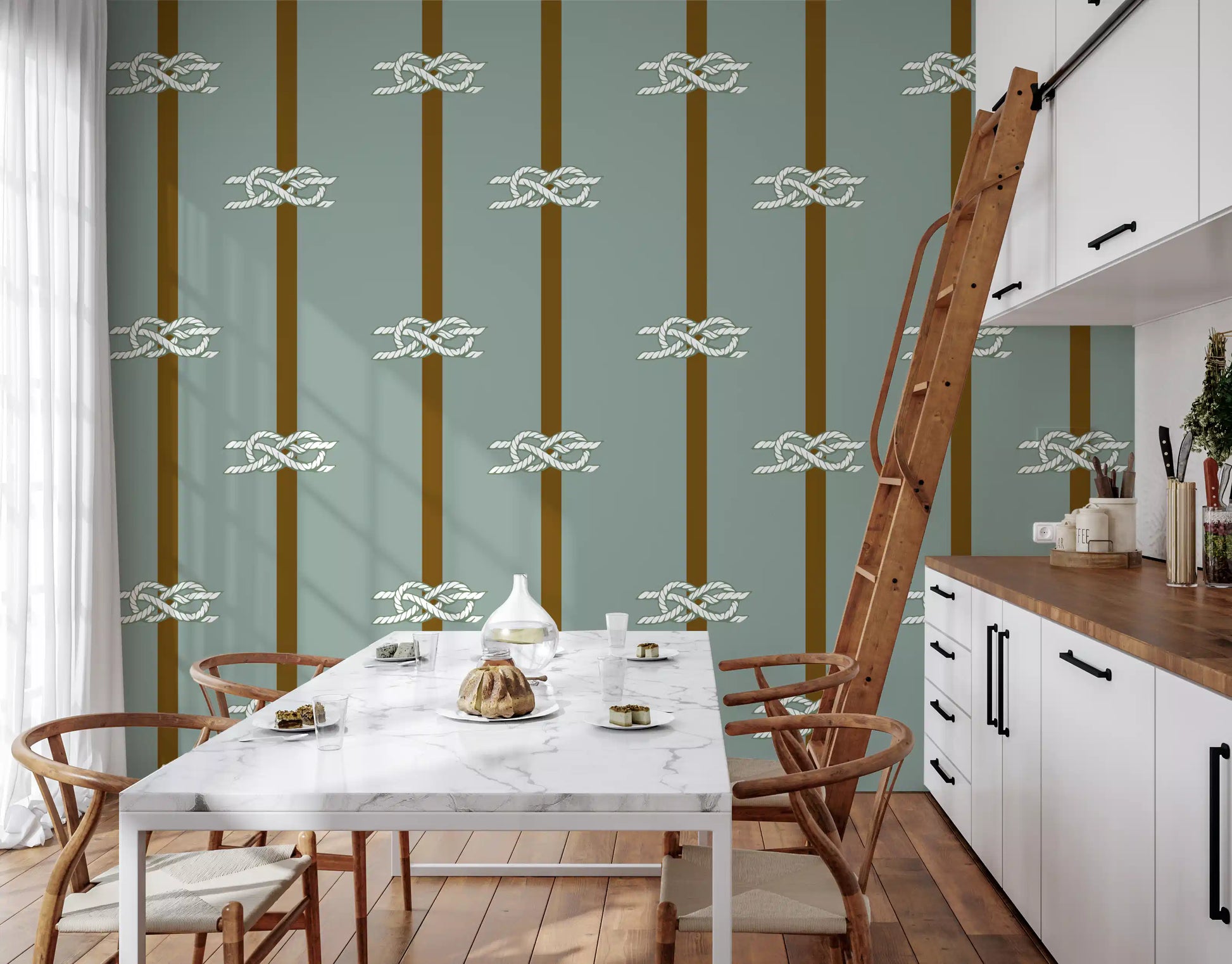 Vertical brown stripes thread not motifs on Sage Green wallpaper, Kitchen and dining area.