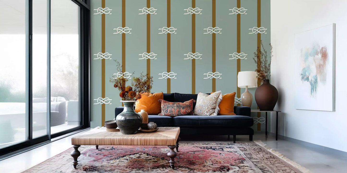 Sage green ground holds vertical brown banding and knot pairs in Rope Stripe wallpaper.