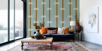 Sage green ground holds vertical brown banding and knot pairs in Rope Stripe wallpaper.