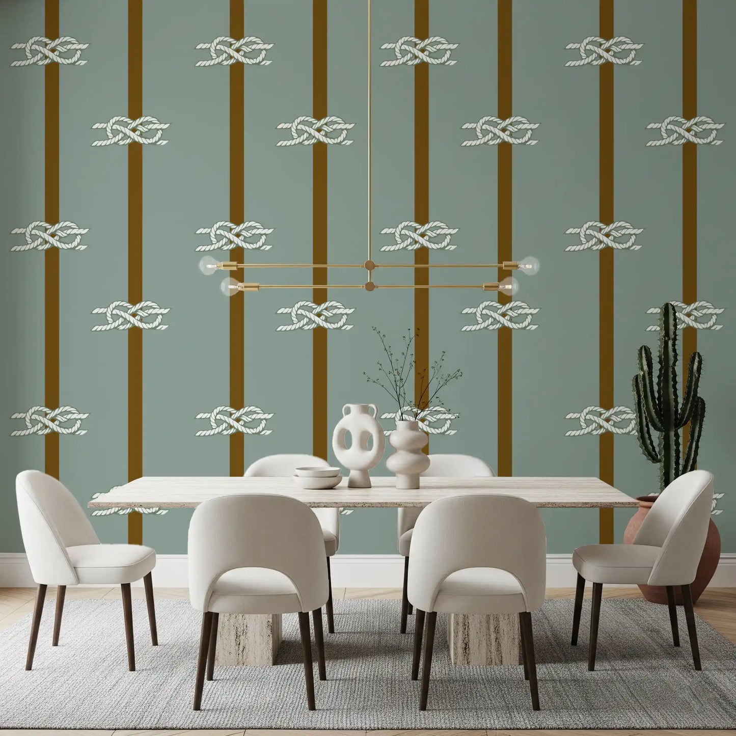 Brown bands and white knots feature on Rope Stripe wallpaper in a Dining room corner.
