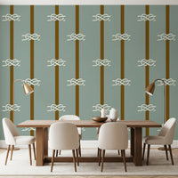 Two-tone brown and sage palette suits the rope knot motif of Rope Stripe wallpaper.
