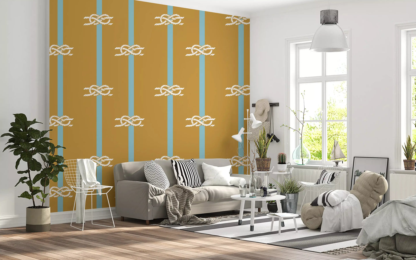 Pairs of white knots scatter where nautical rope stripe wallpaper meets a Living room.