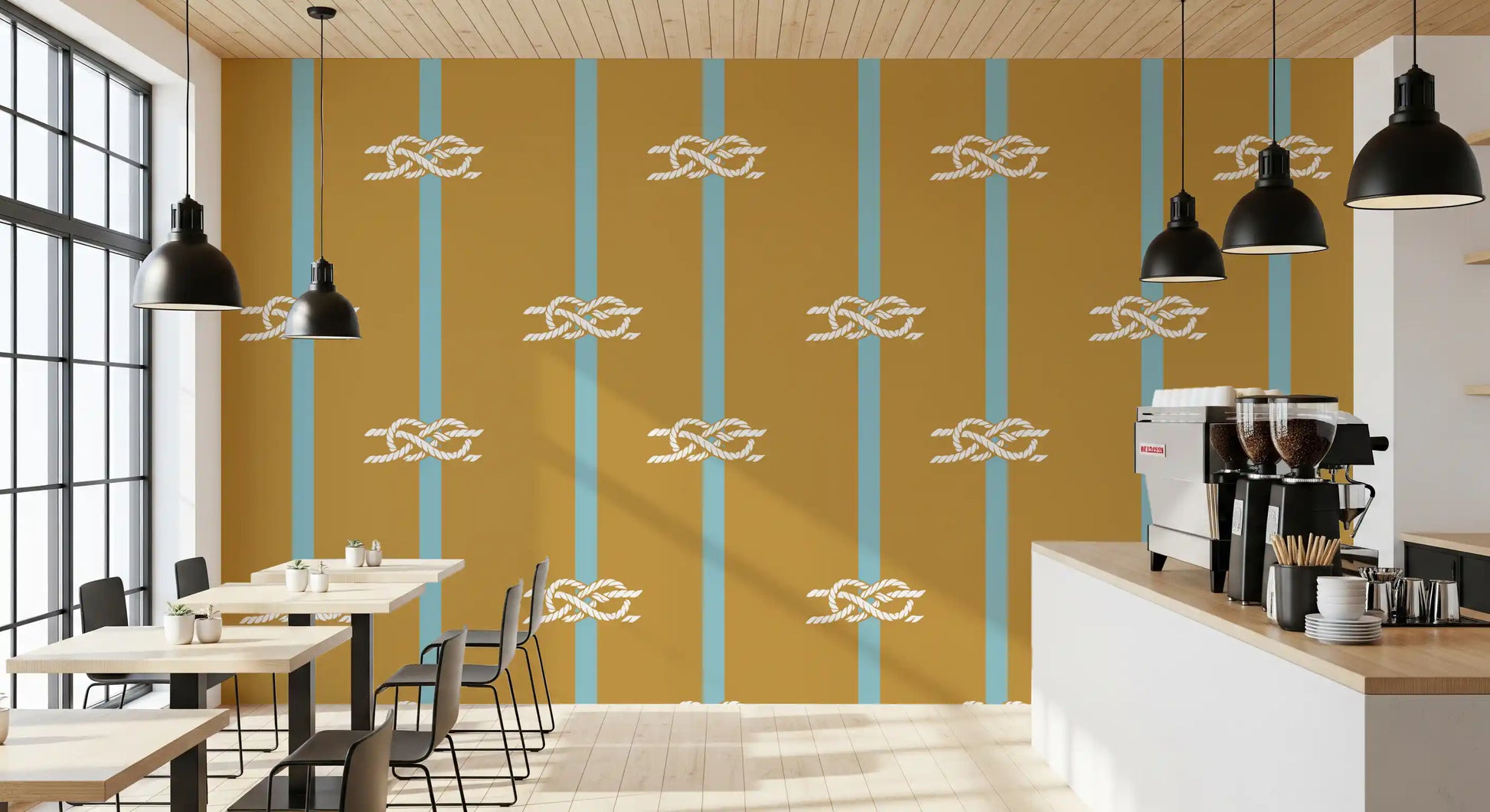 Pale aqua bands accent mustard ochre across nautical rope stripe wallpaper in a Café .